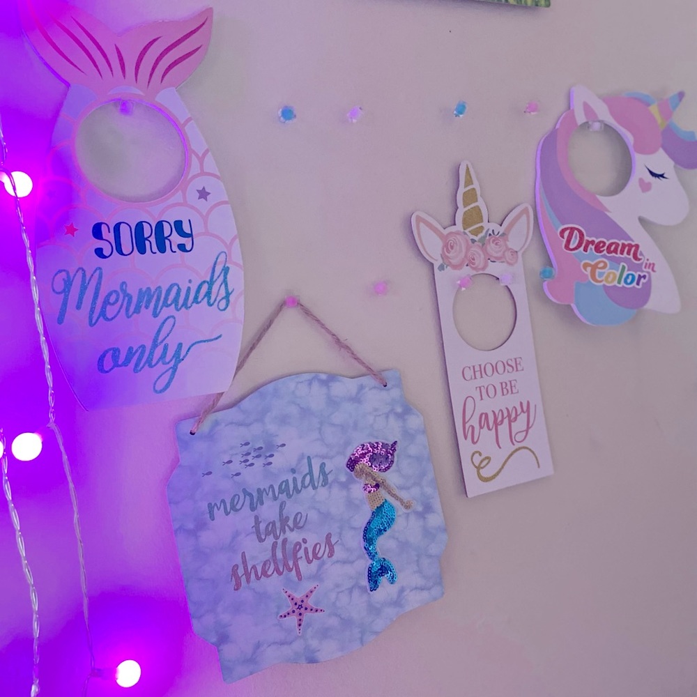 Mermaid and Unicorn themed doorknob signs wall art sparkly girls womens signage